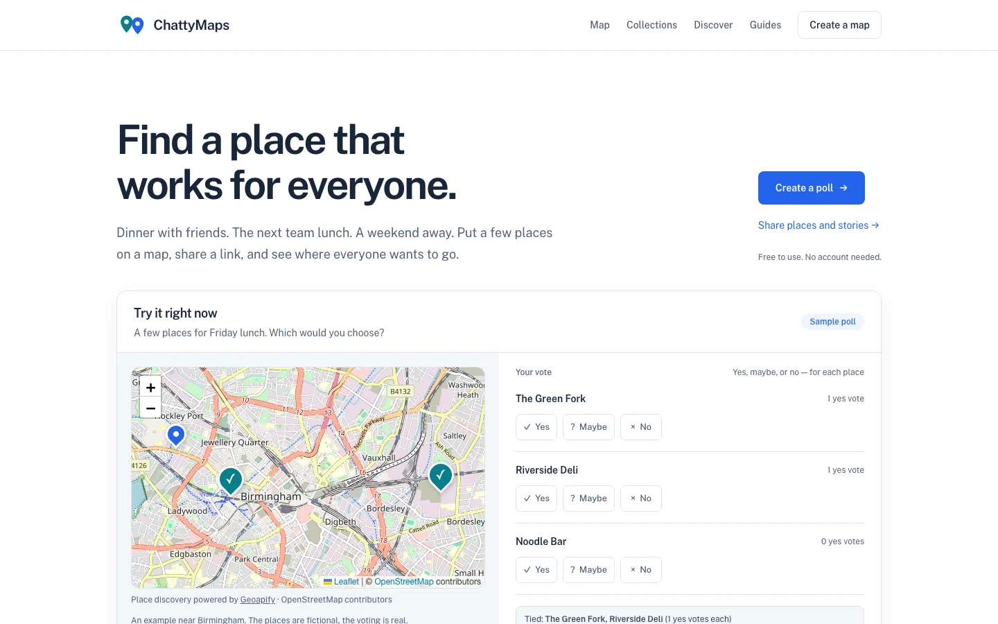 ChattyMaps homepage with a public sample map poll for choosing a meeting place.