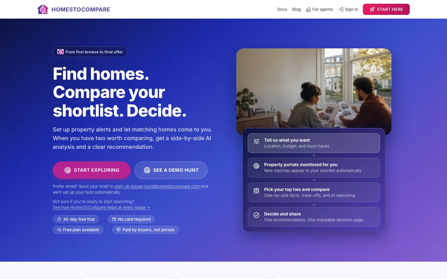 HomesToCompare homepage introducing property search, monitoring, and shortlist comparison.