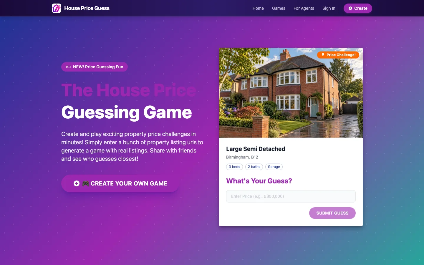 House Price Guess homepage with a Birmingham house and a price-guessing challenge.