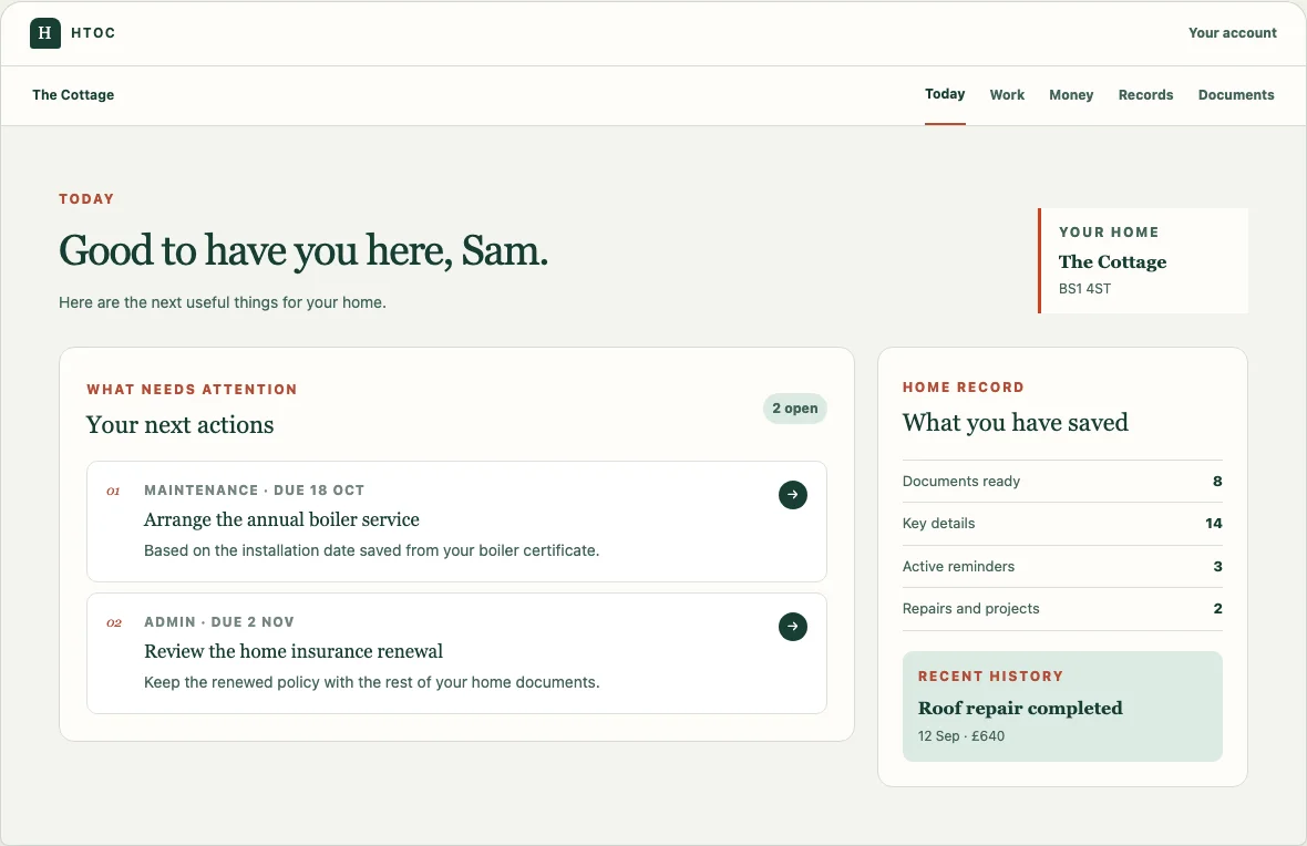 HTOC sample Today dashboard showing boiler-service and insurance reminders, document counts, and recent repair spending.