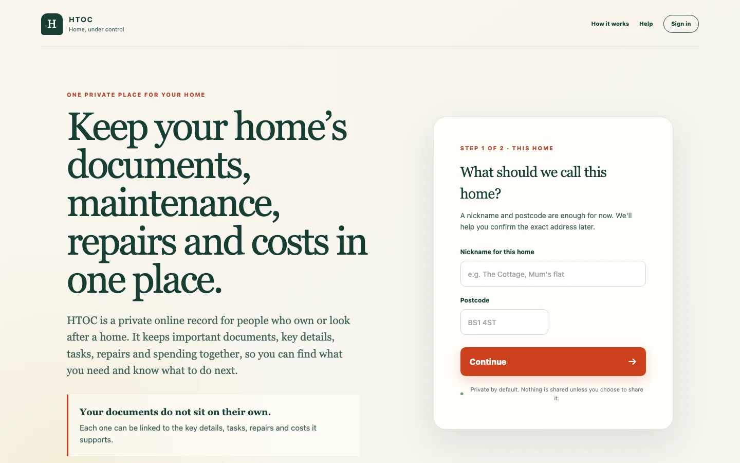 HTOC homepage explaining its private home record and introducing the home setup form.