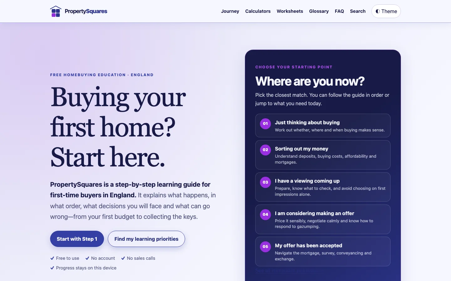 PropertySquares homepage introducing a step-by-step learning guide for first-time buyers in England.