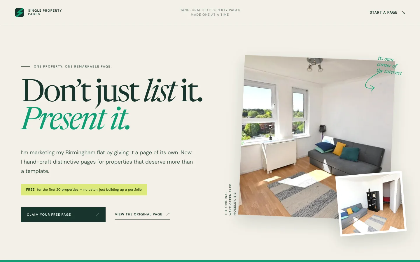 Single Property Pages homepage featuring photographs of the original Birmingham flat.